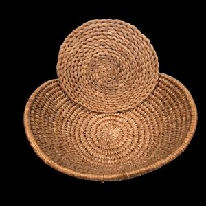 Unbranded Boho Chic Wicker Bowl Basket and Hot Pad Hand Woven Cottage Core Decor